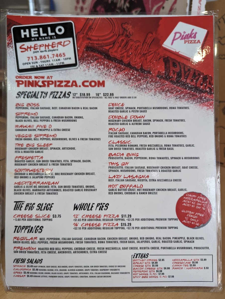 Pink's Pizza Menu - Image 1